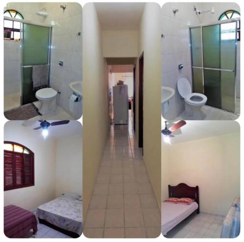 three pictures of a bathroom with toilets and a shower at Casa Vera Cruz in Mongaguá