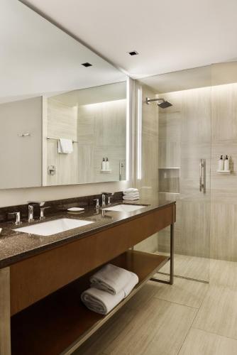 a bathroom with a sink and a large mirror at Hilton Garden Inn Chihuahua in Chihuahua