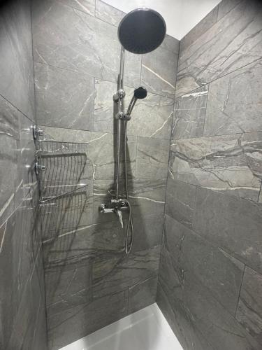 a bathroom with a shower with a stone wall at Maison Nomade in Feignies