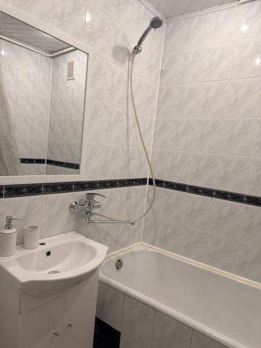 a bathroom with a shower and a sink and a tub at Parko apartamentai Kretinga in Kretinga