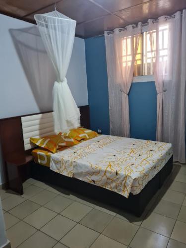a bedroom with a bed in a blue room at Maison meublée VERTE in Yaoundé