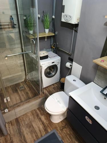 a bathroom with a shower toilet and a washing machine at Perfekt Place in Oświęcim