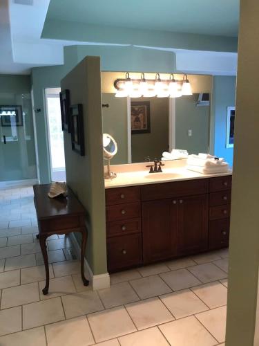 a bathroom with a sink and a large mirror at Splash in the Smokys ! in Sevierville
