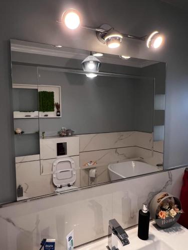 a mirror in a bathroom with a tub and a sink at Valmaris in Râmnicu Vâlcea