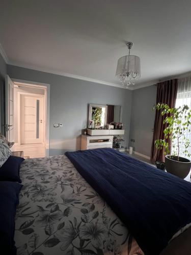 a bedroom with a large bed with a blue blanket at Valmaris in Râmnicu Vâlcea