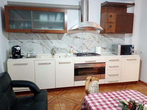a kitchen with a sink and a stove top oven at Apartament Adelina Borsa in Borşa