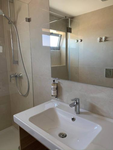 a white sink in a bathroom with a shower at Enjoy Esmoriz in Esmoriz