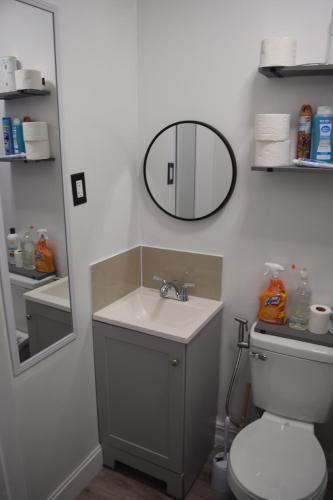 een badkamer met een wastafel en een spiegel en een toilet bij Miami Drip Star Life Resort in Parkway Regional Medical Center Heliport