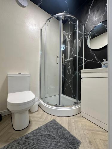 a bathroom with a shower and a toilet at AMD Hotel Wallington SM6 in Wallington