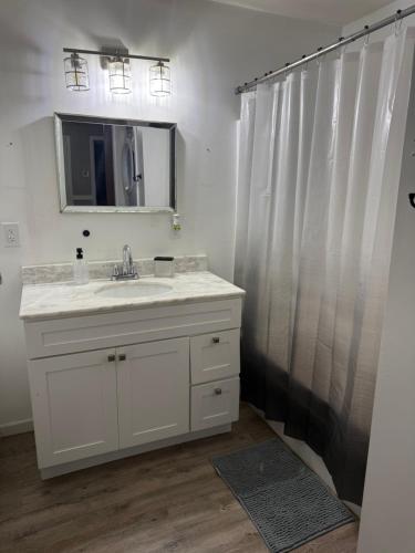 ein weißes Badezimmer mit Waschbecken und Spiegel in der Unterkunft Quaint Getaway in Pascagoula