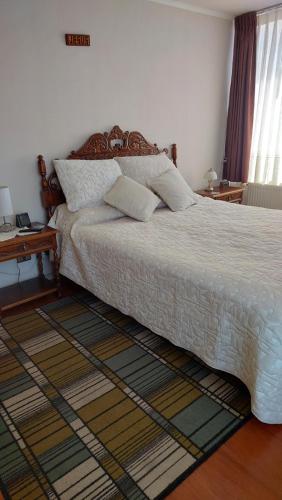 een slaapkamer met een groot bed en een tapijt bij Departamento Centro de Viña in Viña del Mar