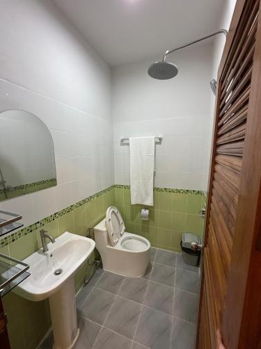 a bathroom with a sink and a toilet and a mirror at Chotam 2 bedroom flat Townhouse in Nathon Bay