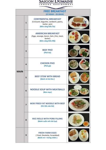 a screenshot of a menu for a restaurant at Saigon Domaine Luxury Residences in Ho Chi Minh City