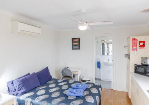 a small room with a bed and a desk at The Sundowner Cabin & Tourist Park in Whyalla