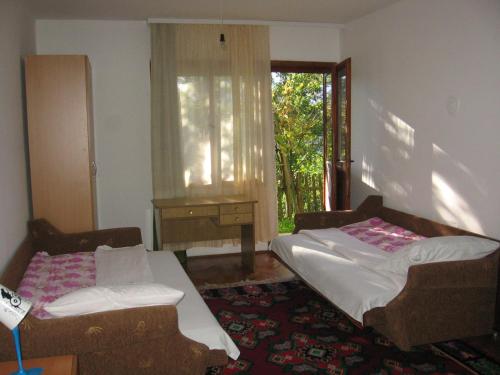 two beds in a room with a window and a dresser at Guest house Pribojska Banja in Pribojska Banja