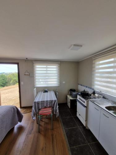 eine Küche mit Tisch, Spüle und Herd in der Unterkunft Cabaña 2 a 4 personas in Carahuo