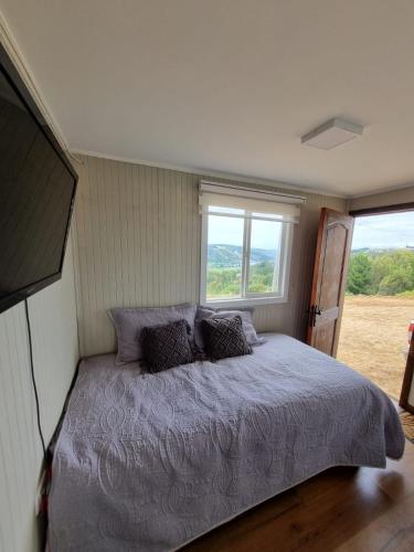a bedroom with a bed with a large window at Cabaña 2 a 4 personas in Carahuo