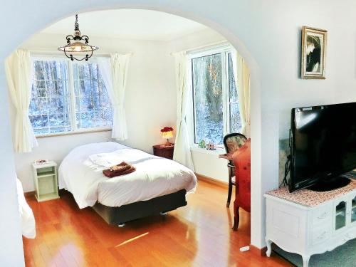 a bedroom with a bed and a flat screen tv at 丘の上白亜の洋館風別荘静かな小さなお宿Guest House Itoh 2名様から6名様 in Asahikawa