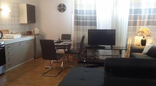 a living room with a kitchen and a table with a television at Apartments Center Colmar in Colmar