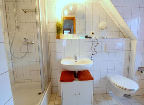 a bathroom with a sink and a toilet and a shower at Hotel Brockenstübchen in Schierke