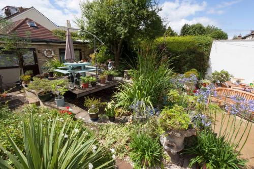 a garden with potted plants and a table at Melrose House in London