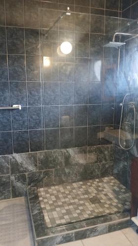 een badkamer met een douche en een tegelvloer bij Lagoon Hide Out in Walvis Bay