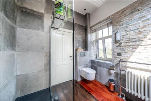 een badkamer met toilet en glazen deur bij L'Ancienne Boulangerie in Durbuy