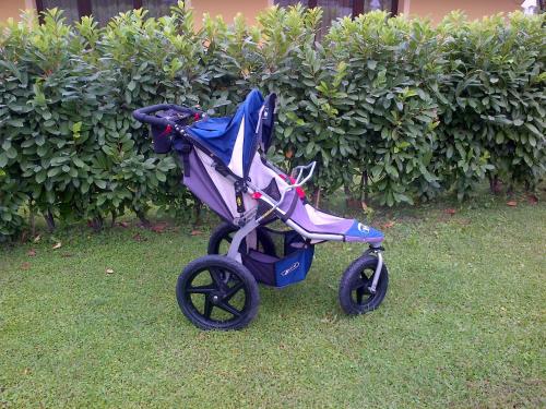 a purple baby stroller sitting in the grass at Corte Attilea in Valeggio sul Mincio