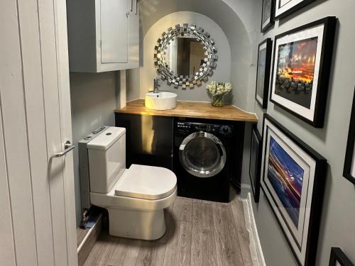 een badkamer met toilet en wasmachine bij Capel Mawr in Llanrug