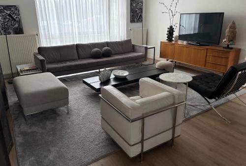 a living room with a couch and a tv at Near Amsterdam and airport, 90m2, privacy! in Hoofddorp