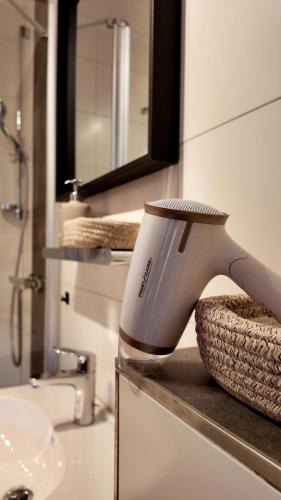 a hair dryer sitting on a counter in a bathroom at GlückAufBud Schwarzenberg WLAN Netflix Stellplatz in Schwarzenberg/Erzgebirge