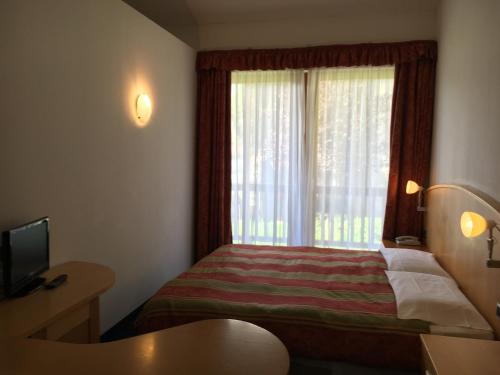 a hotel room with a bed and a window at Garni Enrosadira in Vigo di Fassa