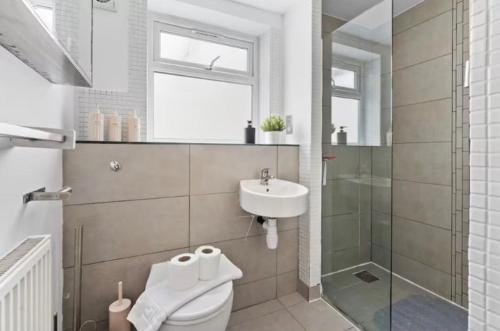 a bathroom with a toilet and a sink and a shower at Hot Tub Emerald Escape - Private Garden & Free Parking in Cardiff