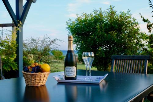 eine Flasche Wein auf einem Tisch mit einem Glas in der Unterkunft La Villa Mellifera in Cernay-lès-Reims