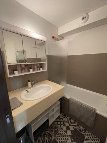 a bathroom with a sink and a mirror and a tub at Studio Buron des Gardes in Le Lioran