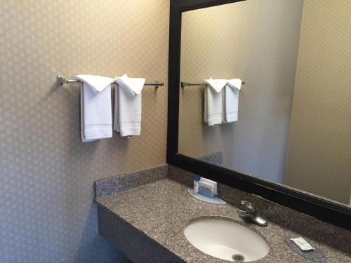 a bathroom with a sink and a mirror and towels at Regency Inn at San Francisco Airport in San Bruno