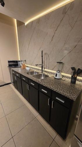 a kitchen with a sink and a counter top at Luxury Suites Seoul Consulado in Zaragoza