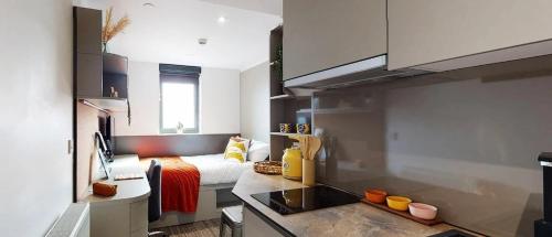 a kitchen with a sink and a bed in a room at Chapter Ealing in North Acton in London