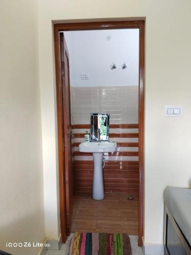 a bathroom with a sink and a mirror at Himadri Homestay Sari Devriyatal in Sari