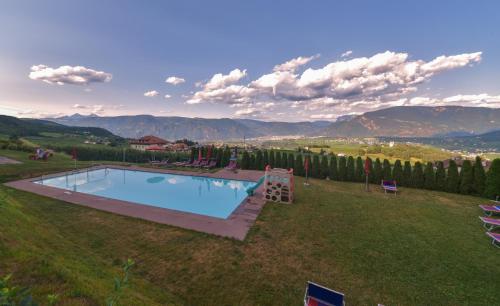 a swimming pool in a field with mountains in the background at Steinegger Eppan in Appiano sulla Strada del Vino