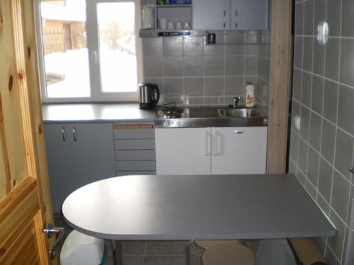 a small kitchen with a table and a sink at Udumäe Holiday Farm in Kirikuküla