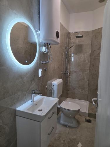 a bathroom with a toilet and a sink and a mirror at Cozy studio Cvita in Zadar