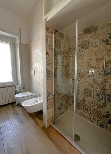 een badkamer met een douche, een toilet en een wastafel bij Dimora Sulle Mura in Anagni