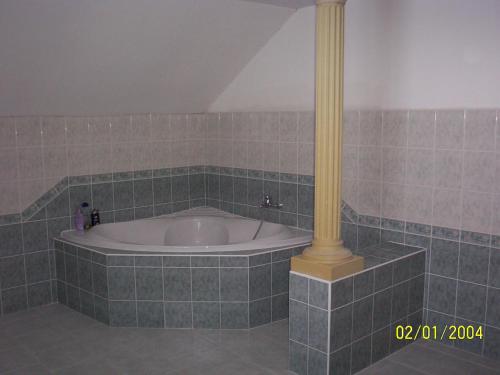 a bath tub with a yellow pole in a bathroom at Ubytování v Jeseníkách - Bělá pod Pradědem in Adolfovice