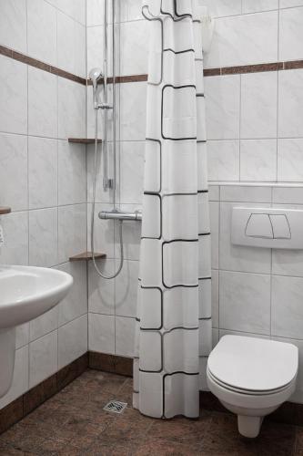 a bathroom with a toilet and a sink at Hotel Borchers in Celle