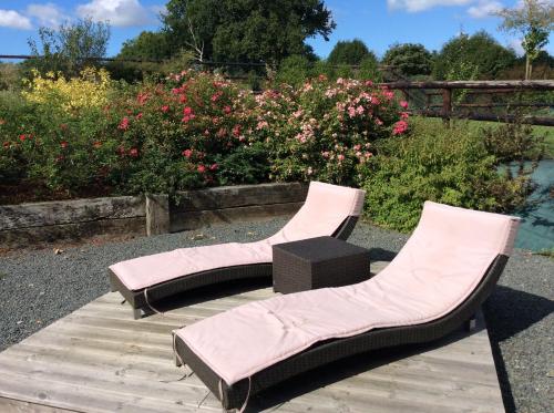 two chaise lounges on a wooden deck with flowers at Gîte De L'Etot Fossey in Marchésieux