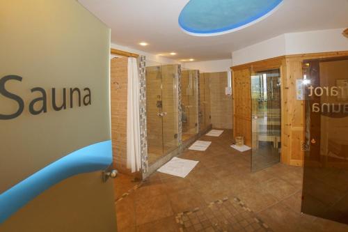 a bathroom with a shower and a blue ceiling at Steinegger Eppan in Appiano sulla Strada del Vino