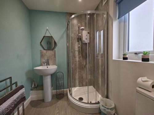 un bagno con doccia e lavandino di 3 Bed in Brynteg oc-d33659 a Llanallgo