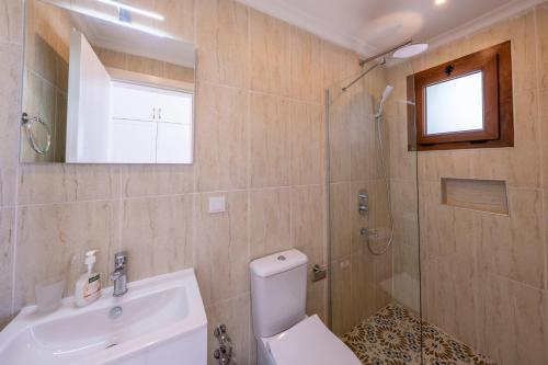 ein Badezimmer mit Toilette, Dusche und Waschbecken in der Unterkunft Villa Tara in Kaş