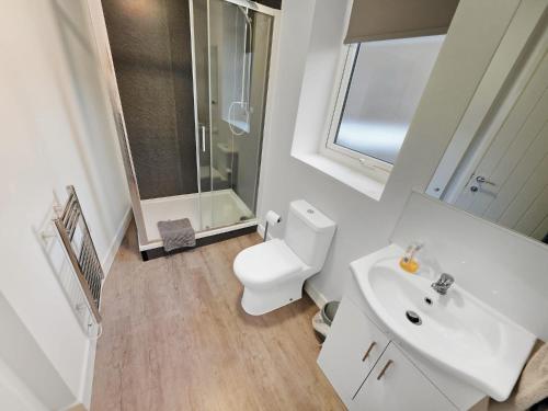 a white bathroom with a toilet and a sink at Regent Circus Apartments in Swindon